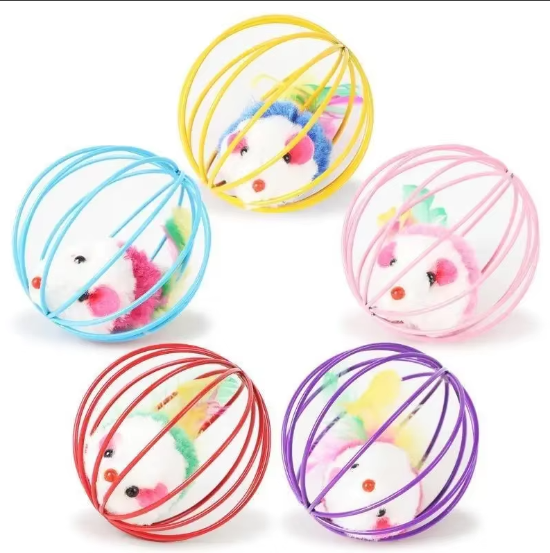 Fun interactive caged mouse cat toy featuring a plush feather tail for endless pet play.