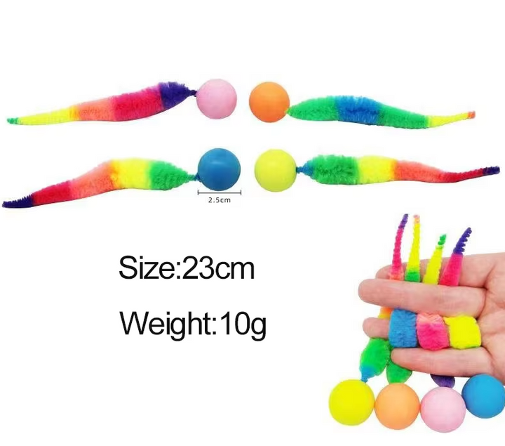 Interactive pet play toy for cats, featuring a soft plush tail and a bouncing ball.