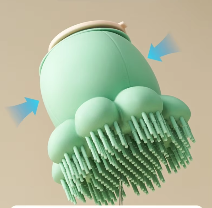 Silicone pet brush with foam dispenser for comfortable dog grooming, cat bathing, and soothing massage.