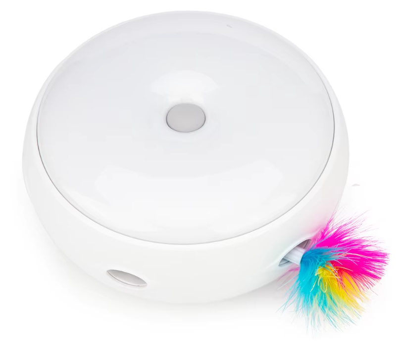 Automatic interactive cat toy with a colorful rainbow feather, designed for engaging play, exercise & enrichment.
