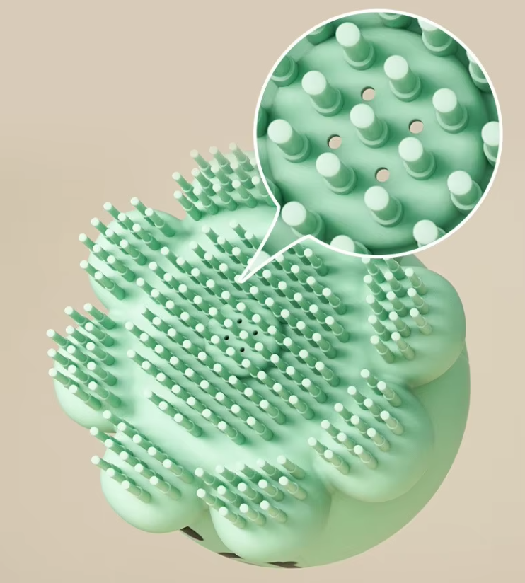 Pet grooming brush with foam dispenser for deep cleaning and detangling dog and cat fur during baths.