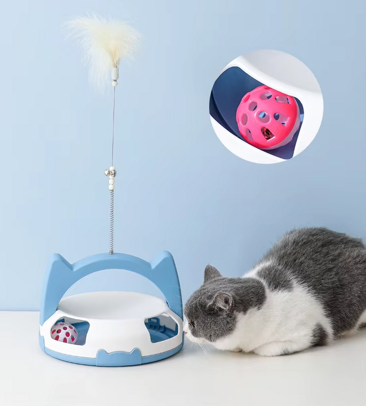 Indoor cat enrichment toy: rolling ball track with a playful feather to keep felines actively entertained.
