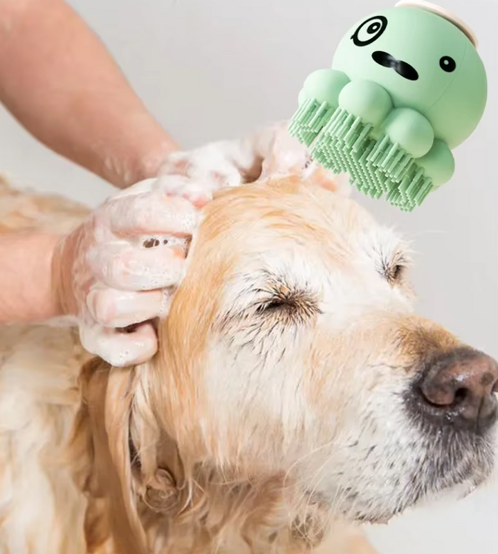 Ergonomic pet bathing brush with foam dispenser, ideal for dog grooming, cat care, and gentle massage.
