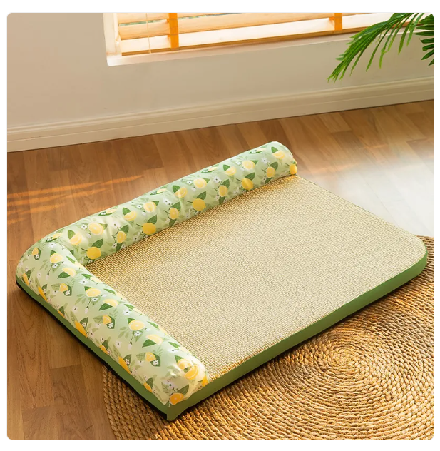 Comfortable cooling mat cat bed with a cozy raised edge. Perfect summer pet supply for cats and small dogs.