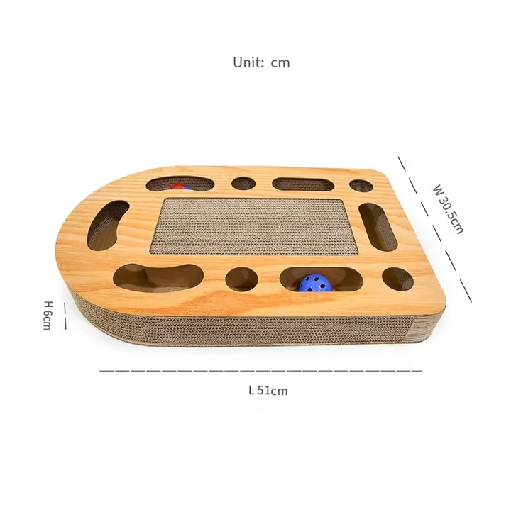 Feline playtime mat: durable cardboard & wood scratching board with an interactive toy, protecting your furniture.