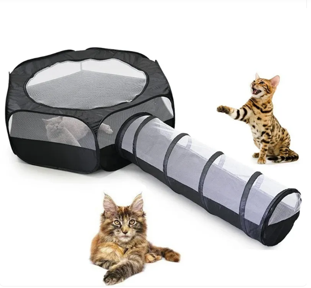 Collapsible cat play tunnel & house with scratching pad. Portable pet playpen for feline enrichment & rest.
