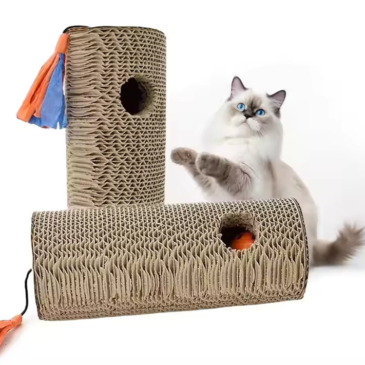 Interactive cardboard cat scratcher roll with fringes & play hole. Durable cat toy for claw care & pet play.