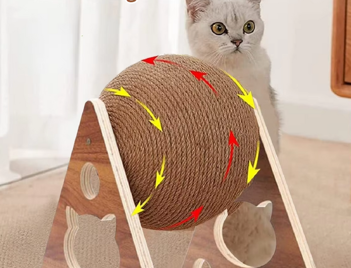 Durable sisal cat scratching ball on a 360° rotating wooden frame, providing engaging pet entertainment.