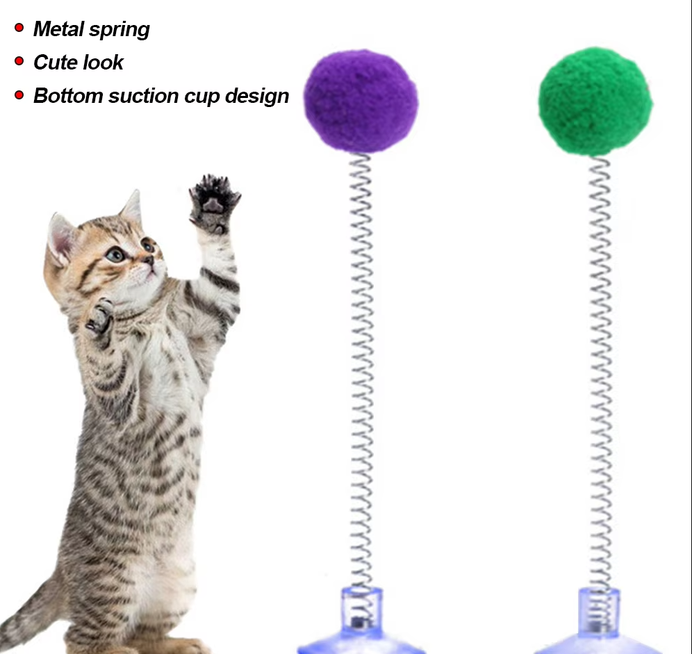 Indoor cat spring toy with a soft pompom shuttlecock, suction cup for secure attachment & stimulating play.