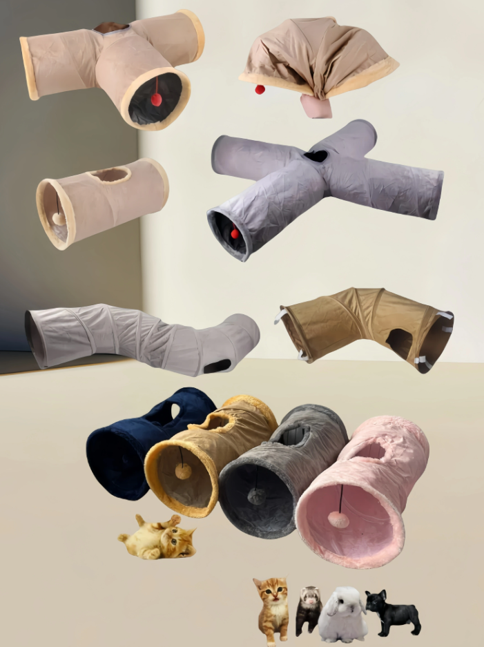 Cat play tunnel with viewing window for active indoor feline fun. Durable and foldable cat toy for interactive play.