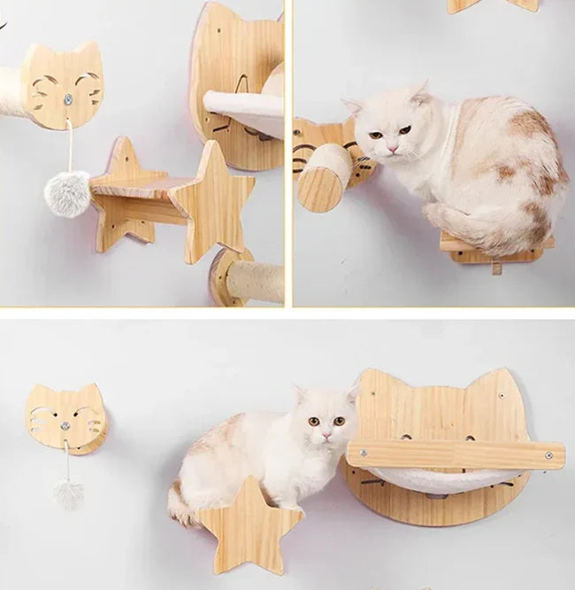 Premium wall-mounted wood cat scratcher & cozy pet bed, ensuring complete feline care.