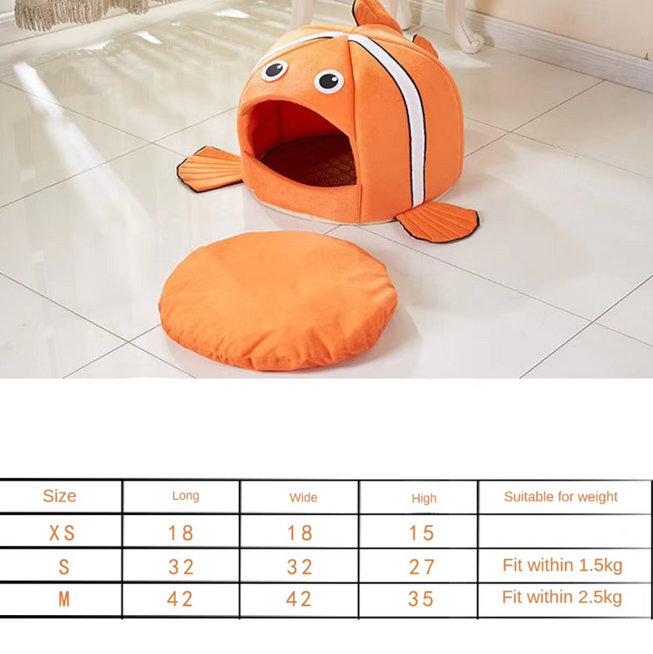 Plush fish-shaped cat bed, a warm and cozy cave for your feline friend. Soft pet house for comfort.