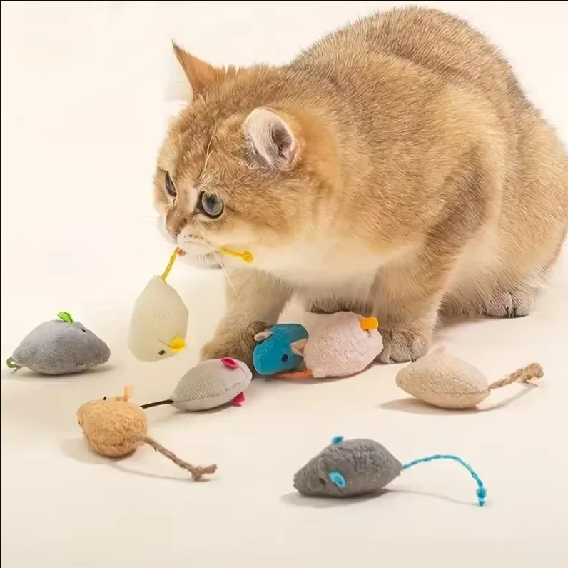 Set of 3 plush mouse cat toys, soft and durable for interactive feline play and hunting instinct enrichment.