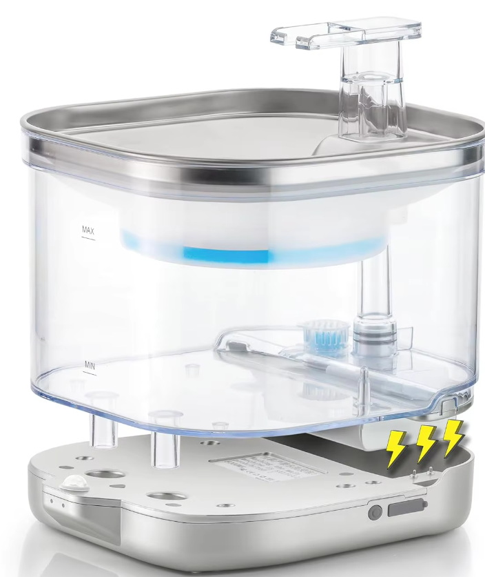 Induction style pet water fountain for cats & dogs, providing fresh, circulating water quietly.