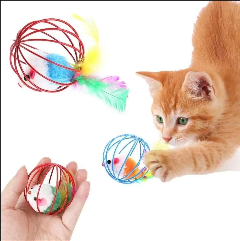 Engaging interactive caged mouse toy with feather for indoor cat mental stimulation and boredom busting.