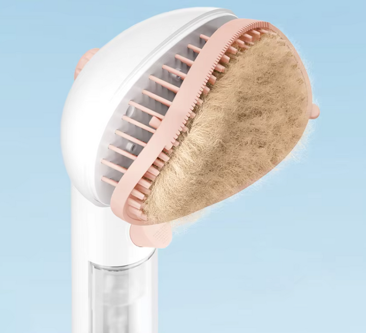 Simple pet care: Dry foam grooming brush with built-in dispenser. Waterless solution for dog & cat fur.