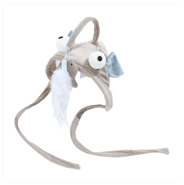 Engaging cat hat costume featuring a dangling feather toy to entice play.