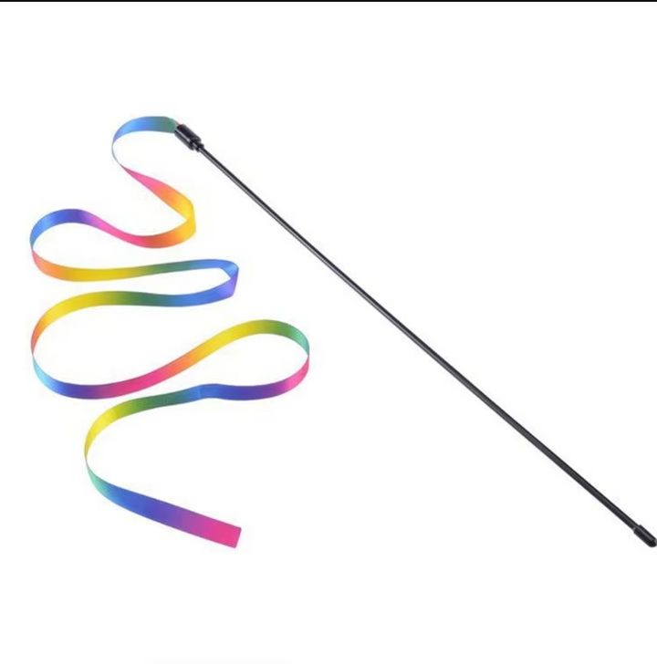 Interactive cat play rod with rainbow colors for feline enrichment & active play. Ideal kitten & cat exercise toy.