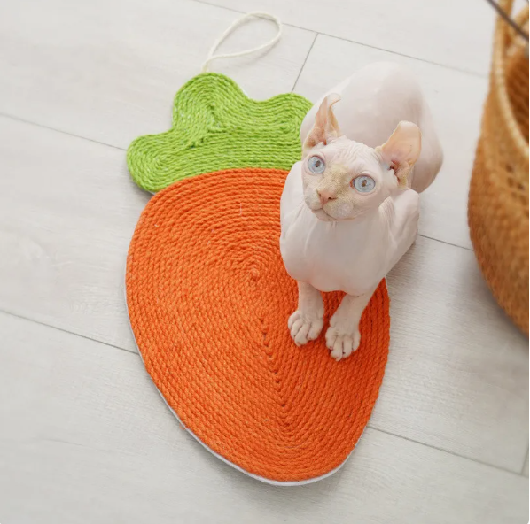 Playful fruit design sisal cat scratch mat. Protects furniture, promotes healthy claws & pet play.