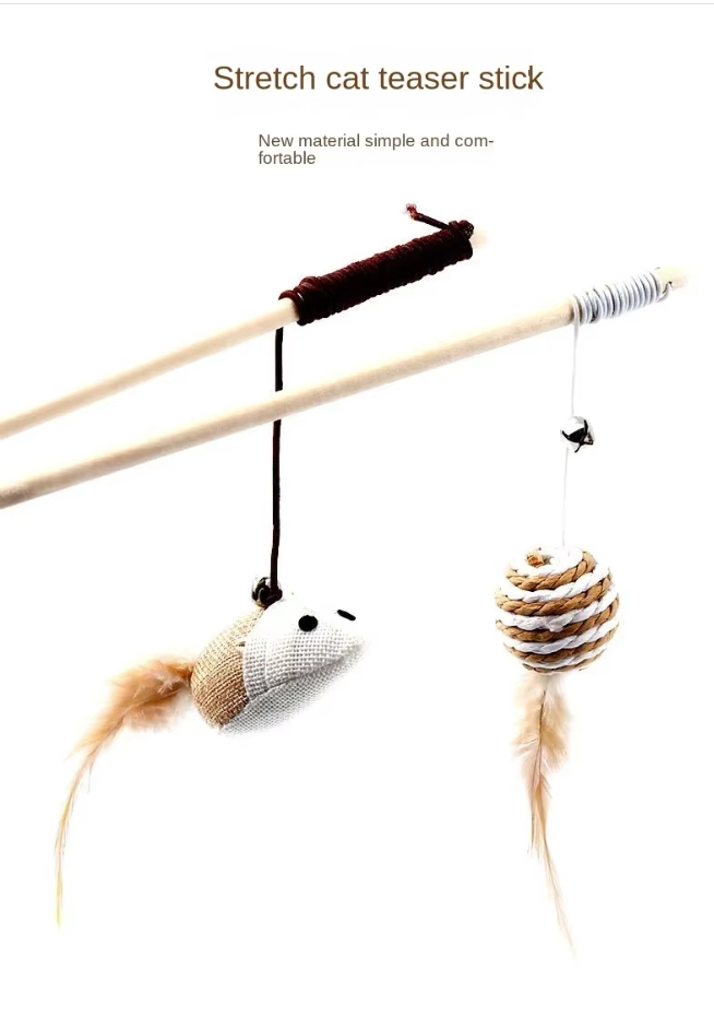 Natural feather cat toy for kittens & active cats; interactive bells for engaging pet play.