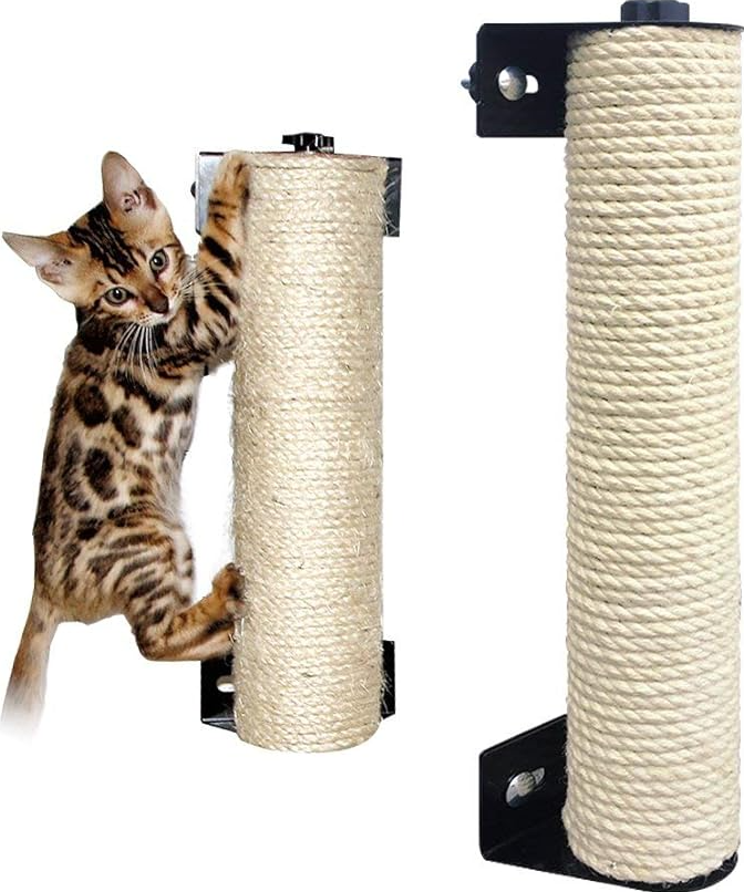 Wall-mount sisal cat scratcher roller protecting door frames & furniture from feline damage. Essential cat care.