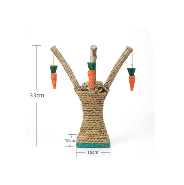 Stylish Cat's Tree Design sisal scratcher, a durable pet supply with hanging carrot toys for kittens.
