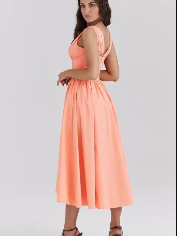 Women's V-neck corset flare midi dress. Elegant & flattering for parties, summer, or occasion wear.