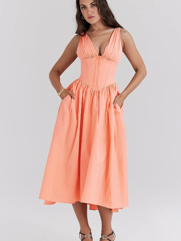 Flattering women's elegant V-neck midi dress with corset bodice & flared skirt. Ideal for special occasions.