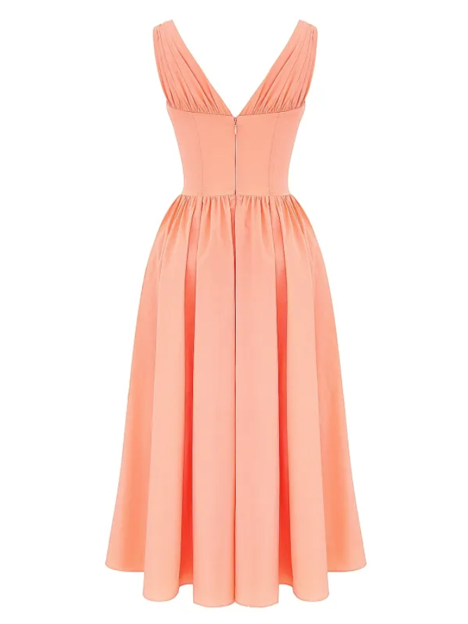 Elegant women's V-neck corset flare midi dress. Flattering fit for party, summer, & special occasion wear.