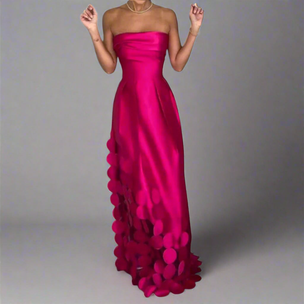 Elegant women's pink flowing maxi dress, perfect for formal occasions, summer events, or versatile everyday wear.