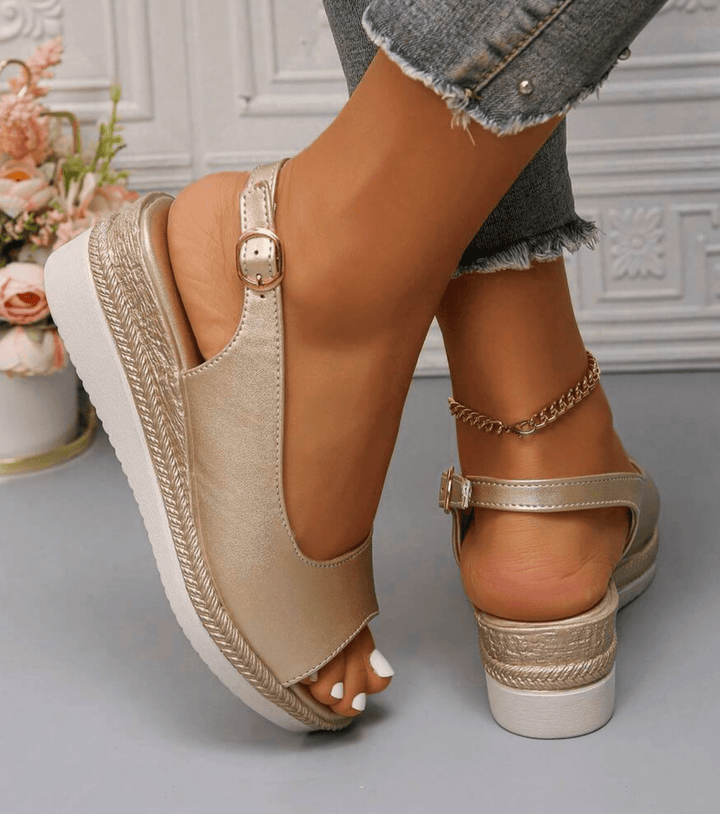 Elegant gold women's orthopedic espadrille slingback sandals, stylish and comfortable summer footwear.