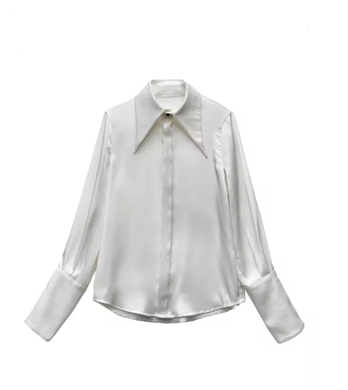 Sophisticated women's elegant blouse featuring bold puff sleeves. Classic fashion for office & evening.