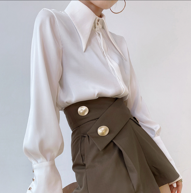 Fashionable women's blouse with elegant puff long sleeves, a classic statement piece for sophisticated style.