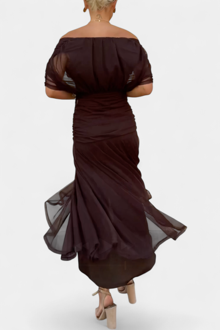 Stylish women's off-shoulder midi dress with a romantic floral print, elegant pleats, perfect for summer.