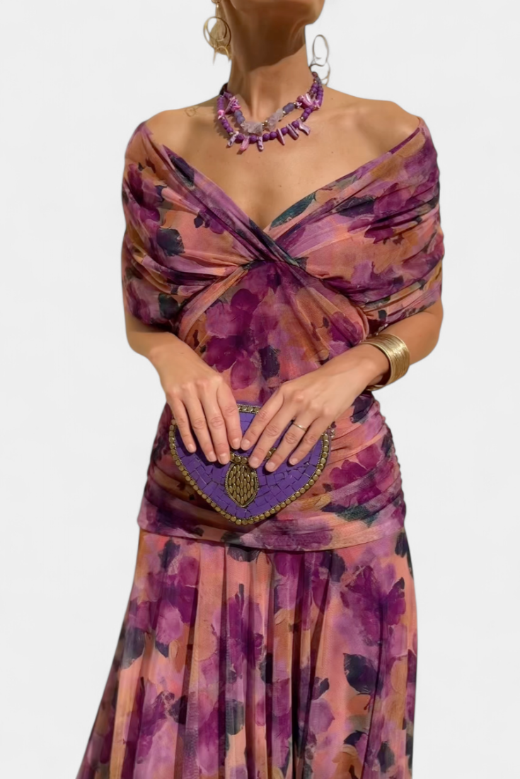 Stylish women's floral maxi dress, an elegant long dress for evening or daytime events.