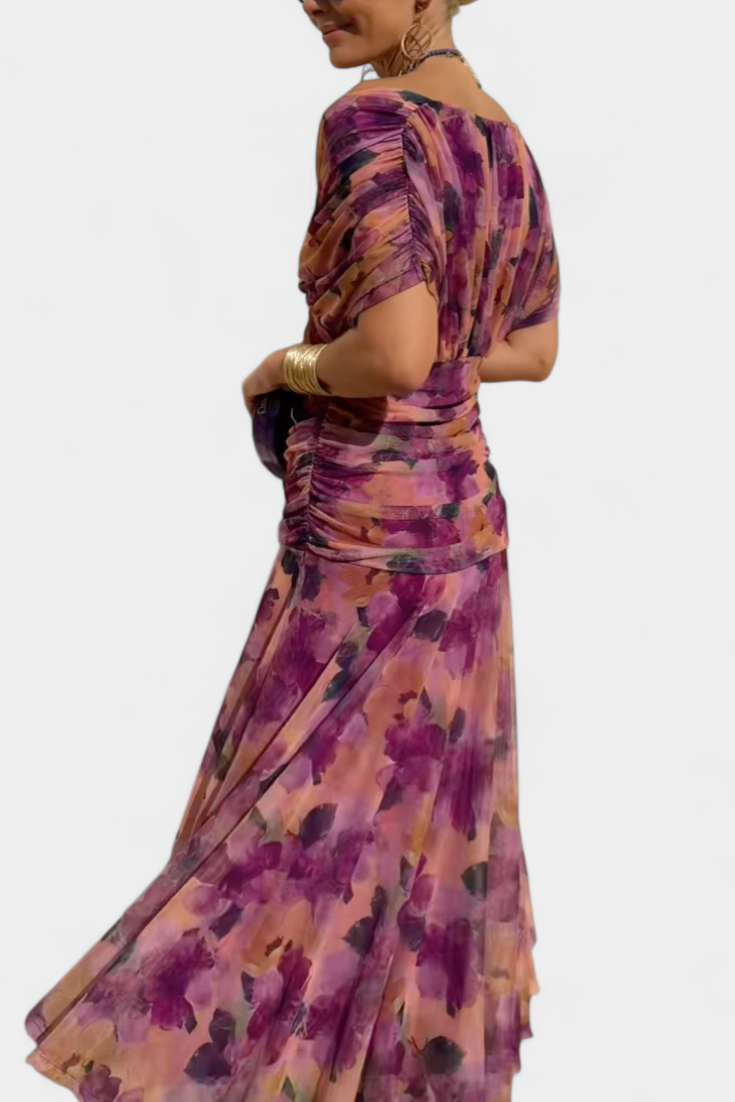 Modern elegant drape dress for women. Chic wedding guest or cocktail party attire.