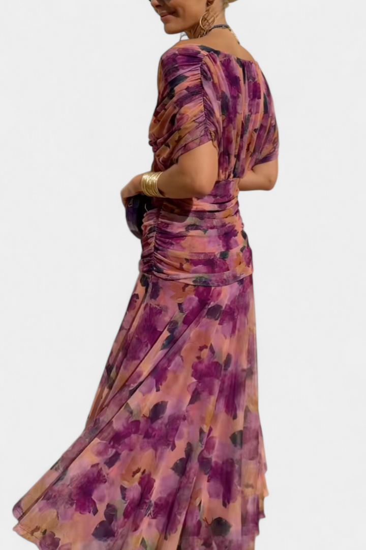 Modern elegant drape dress for women. Chic wedding guest or cocktail party attire.