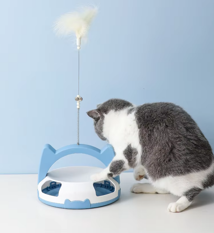 Interactive cat toy with a rolling ball track & a stimulating feather, promoting active play for pets.