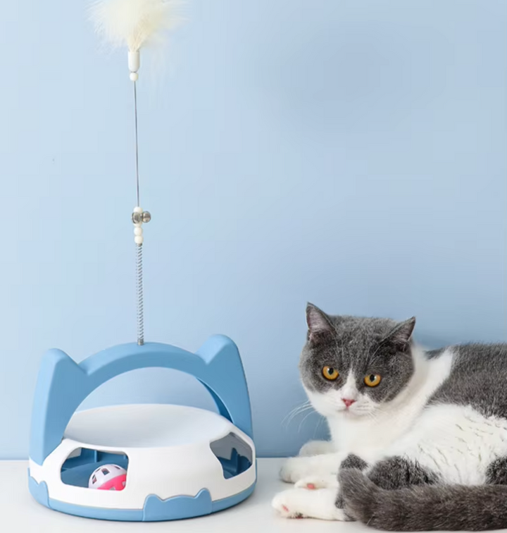 Interactive cat toy with rolling ball track & feather wand, perfect for active cats & kittens.