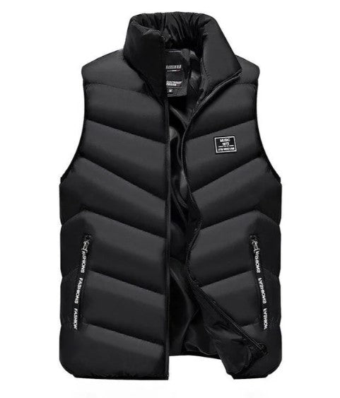 Warm, stylish men's puffer vest. A modern sleeveless outerwear piece for casual utility & layering.