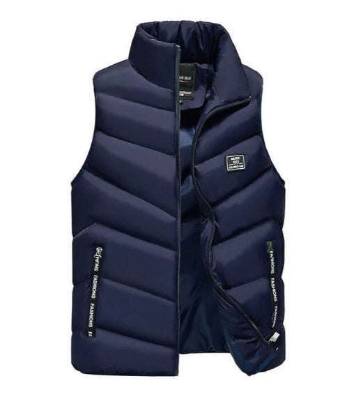 Versatile men's puffer vest, a modern sleeveless jacket for various casual occasions & warmth.