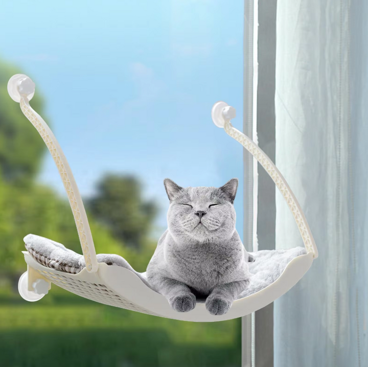 Indoor cat window hammock, perfect for feline sunbathing & elevated napping on strong suction cups.