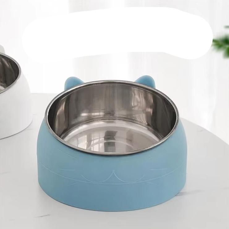 Pet feeder, blue tilted cat bowl with 15° angle, anti-vomit design. Stainless steel insert for feline healthy eating.