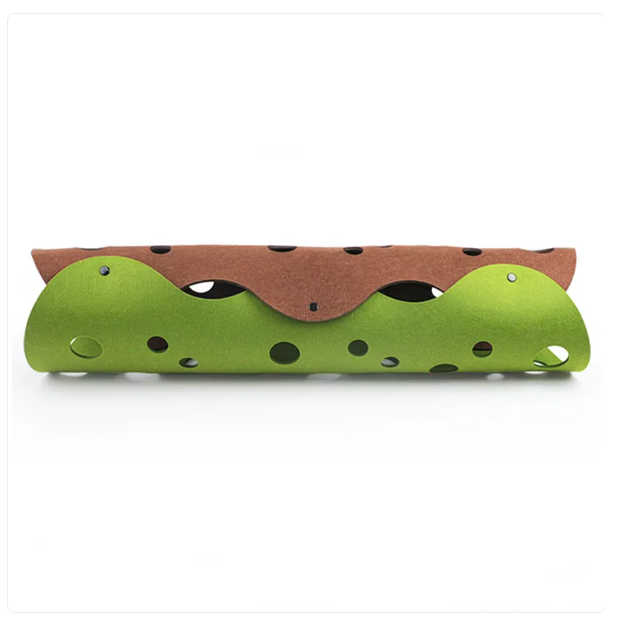 Playful cat inside a felt tunnel with holes, perfect for hide-and-seek & mental stimulation.