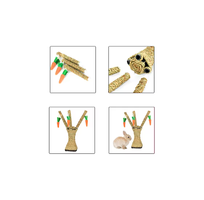 Feline scratcher featuring a tree design, sturdy sisal, and playful carrot toys for pet engagement.