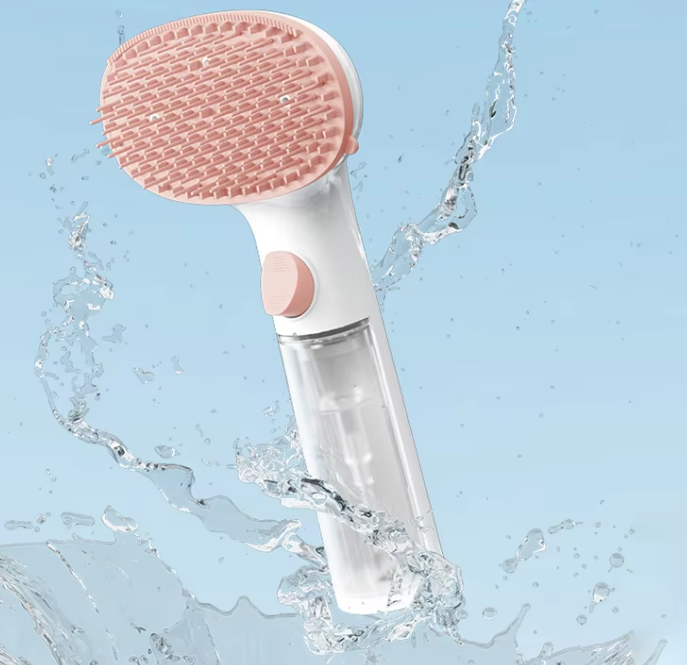 Soft bristled pet dry foam brush with an integrated cleaner dispenser for effective, waterless dog & cat wash.