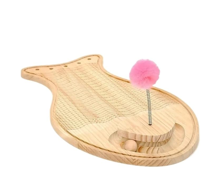 All-in-one wooden cat toy: scratching board, interactive feather, and trackball for endless pet entertainment & exercise.