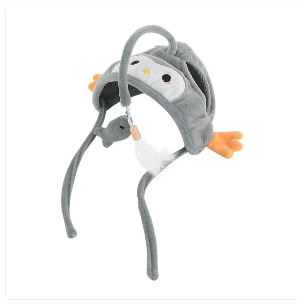 Adorable cat's funny costume hat with a playful toy, a must-have interactive pet accessory.