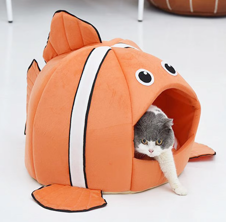 Soft fish design cat house, providing a secure and cozy pet bed cave for your beloved cat's comfort.