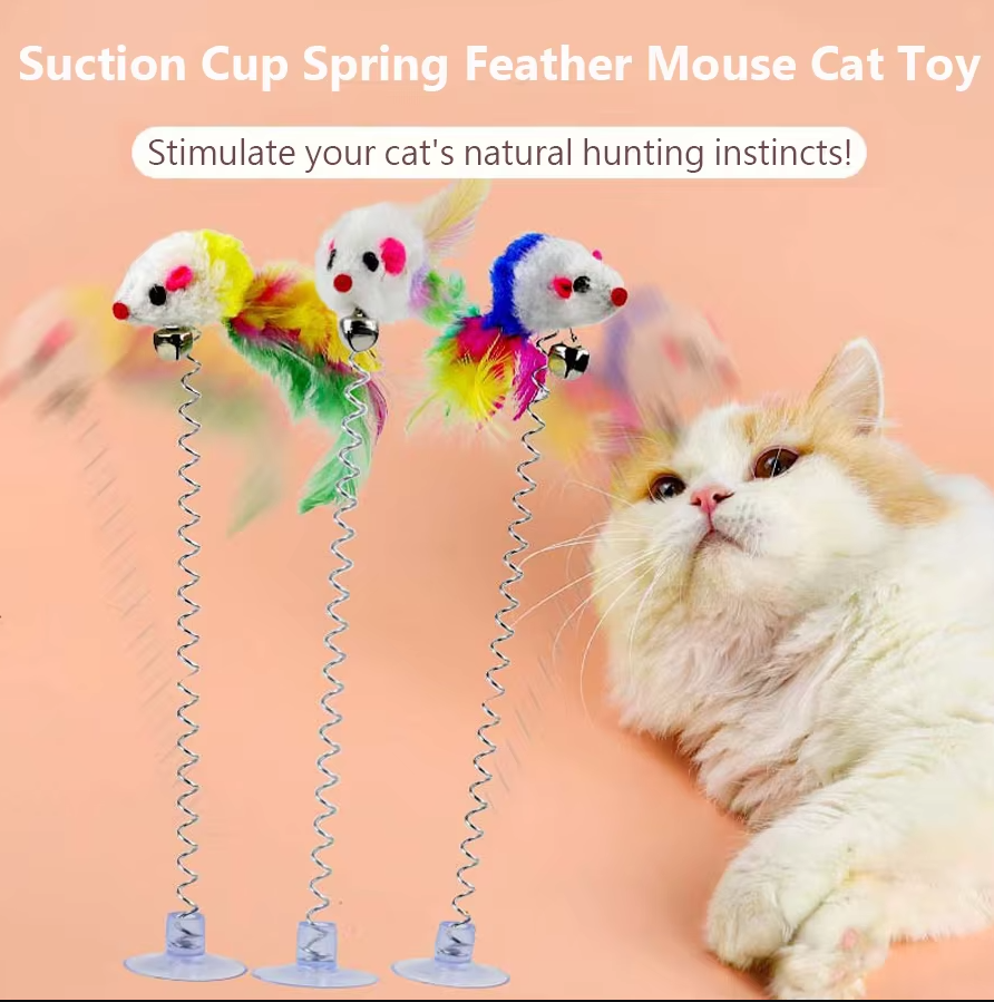 Enrichment cat toy: springy mouse on suction cup. Promotes active, solo play for happy cats & kittens.